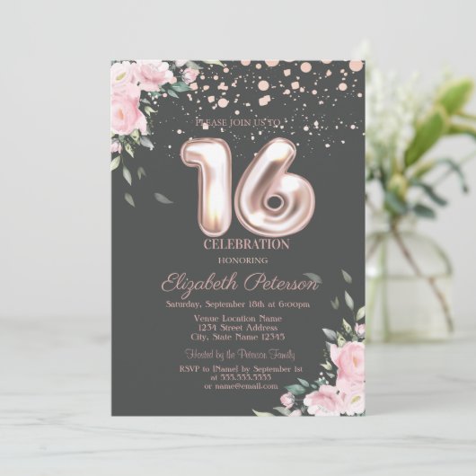 Stylish Roos Gold Stippen, Floral Sweet 16  Kaart (Staand voorkant)