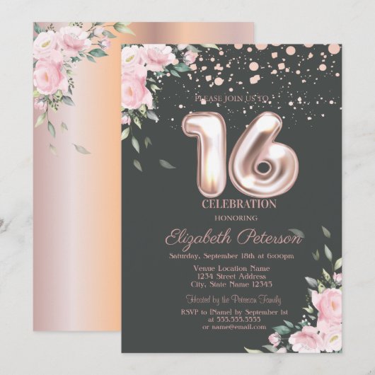 Stylish Roos Gold Stippen, Floral Sweet 16  Kaart (Voorkant / Achterkant)