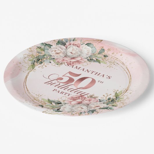 Stylish Rose Gold Blush Peonies 50th Birthday Papieren Bordje (Gekanteld)