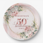 Stylish Rose Gold Blush Peonies 50th Birthday Papieren Bordje (Voorkant)