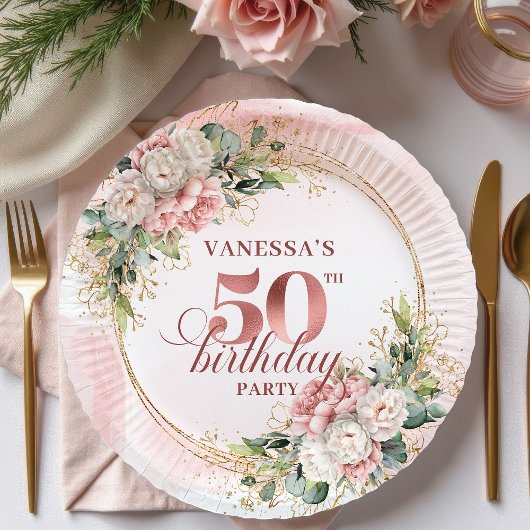 Stylish Rose Gold Blush Peonies 50th Birthday Papieren Bordje