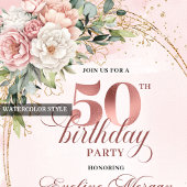 Stylish Rose Gold Floral 50th Birthday Party Kaart