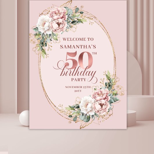 Stylish Rose Gold Greenery 50th Birthday Banner Wandkleed