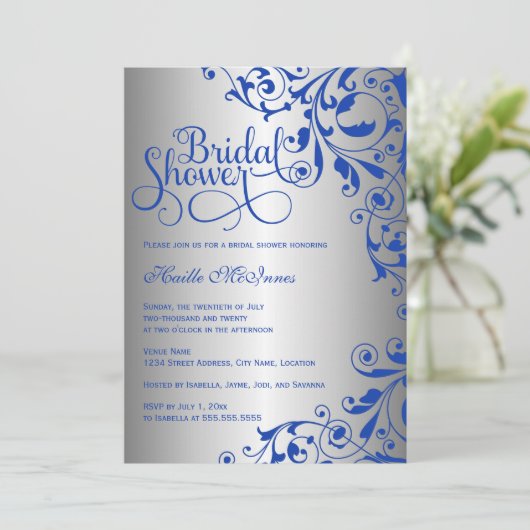 Stylish Royal Blue en Silver Swirls Vrijgezellenfe Kaart (Staand voorkant)