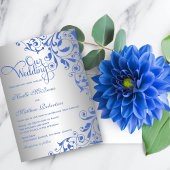 Stylish Royal Blue en Silver Swirls Wedding Kaart