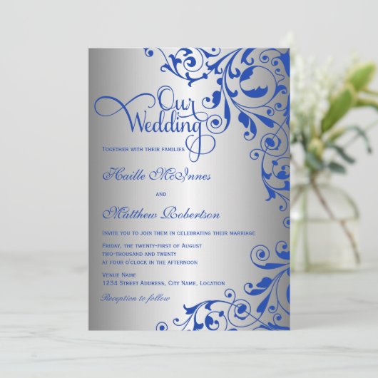 Stylish Royal Blue en Silver Swirls Wedding Kaart (Staand voorkant)