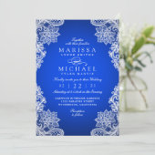 Stylish Royal Blue Floral Lace Wedding Invitation Feestdagenkaart (Staand voorkant)
