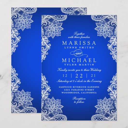 Stylish Royal Blue Floral Lace Wedding Invitation Feestdagenkaart (Voorkant / Achterkant)