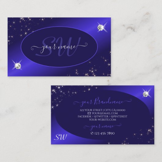 Stylish Royal Blue Glitter Stars Diamonds Initiale Visitekaartje (Voorkant / Achterkant)
