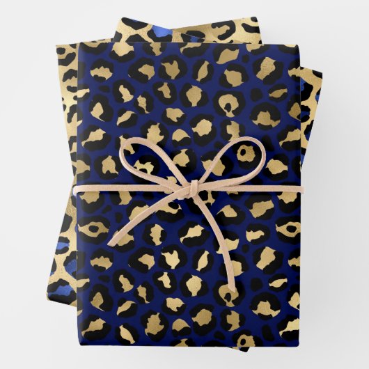 Stylish Royal Blue & Gold Foil Leopard Spots Inpakpapier Vel (In situ)