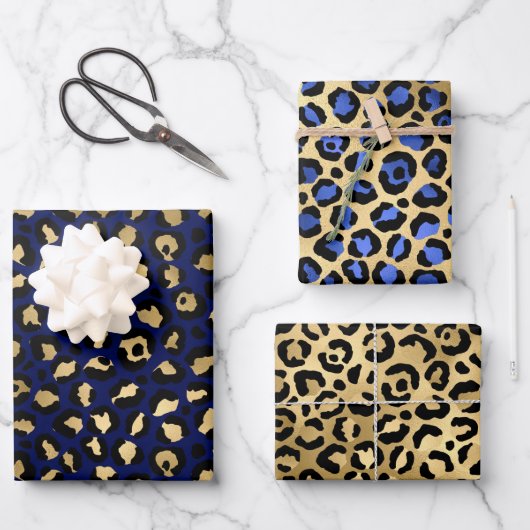Stylish Royal Blue & Gold Foil Leopard Spots Inpakpapier Vel (Voorkant)