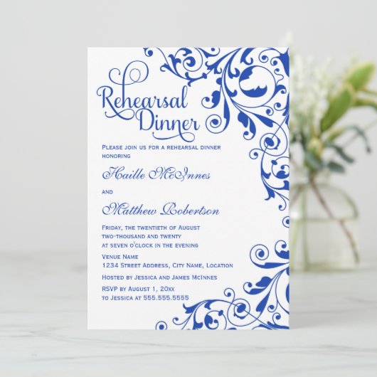 Stylish Royal Blue Swirls Rehearsal Dinner Kaart (Staand voorkant)
