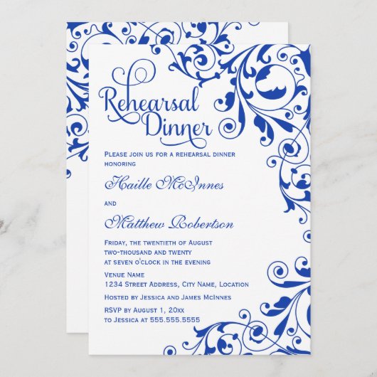 Stylish Royal Blue Swirls Rehearsal Dinner Kaart (Voorkant / Achterkant)