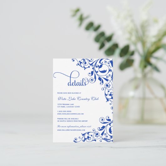 Stylish Royal Blue Swirls Wedding Details Informatiekaartje (Staand voorkant)