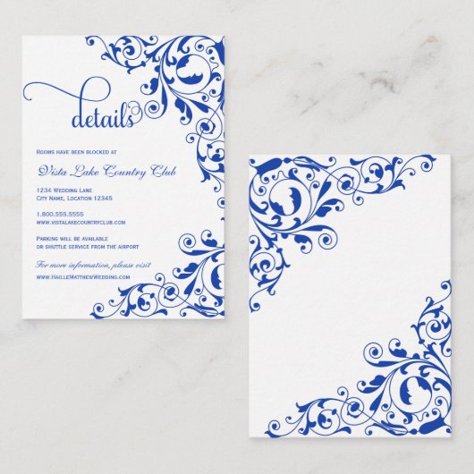 Stylish Royal Blue Swirls Wedding Details Informatiekaartje (Voorkant / Achterkant)