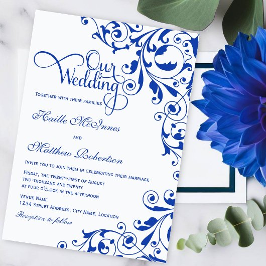 Stylish Royal Blue Swirls Wedding Kaart