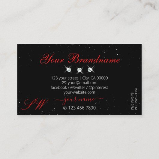 Stylish Ruby Red Black Sparking Diamonds Monogram Visitekaartje (Achterkant)