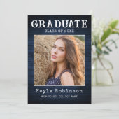 Stylish Rustic Country Blue Wood Photo Afstuderen Aankondiging (Staand voorkant)