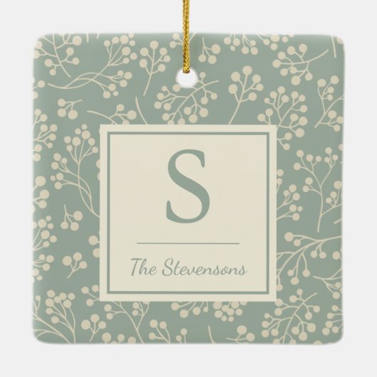 Stylish Sage Floral Pattern Farmhouse Monogramed Keramisch Ornament (Achterkant)