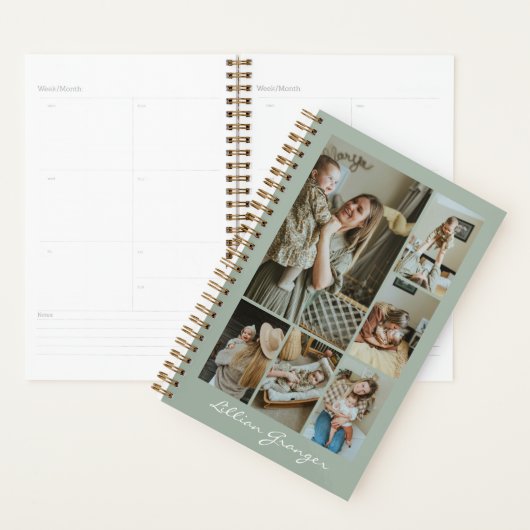 Stylish Sage Green Personalized Photo Collage Planner (Display)