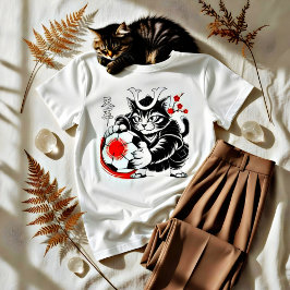 Stylish Samurai Cat Japan Soccer For Football fans T-shirt