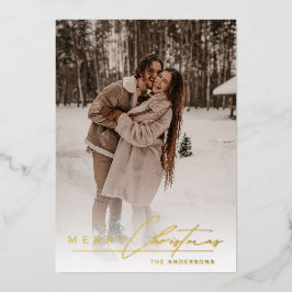 Stylish Script Elegant Photo Red Merry Christmas  Folie Feestdagenkaart