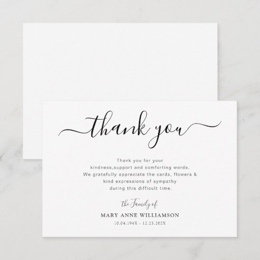 Stylish script funeral thank you note bedankkaart (Voorkant / Achterkant)