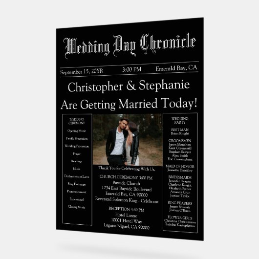 Stylish Script Minimal Newspaper Wedding Program Acryl Bord (Hoek)