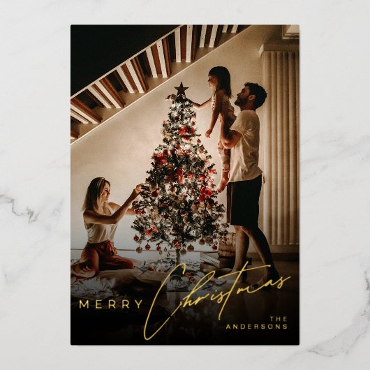 Stylish Script Minimalist 1 Photo Red Christmas Folie Feestdagenkaart (Voorkant)