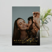 Stylish Script Minimalist 1 Photo Red Christmas Folie Feestdagenkaart (Staand Voorkant)