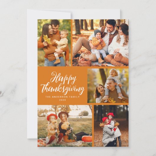 Stylish script orange thanksgiving photo feestdagenkaart (Voorkant)