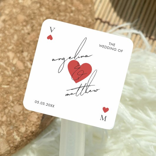Stylish Script Playing Card Casino Vegas Wedding Vierkante Sticker