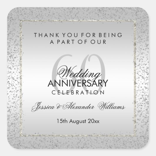 Stylish Silver Confetti 60th Wedding Bedankt Vierkante Sticker (Voorkant)