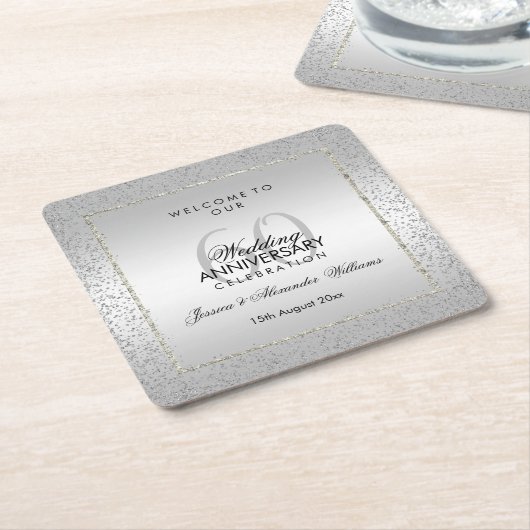 Stylish Silver Confetti 60th Wedding Kartonnen Onderzetters (Schuin)