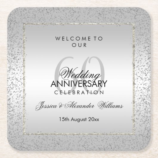 Stylish Silver Confetti 60th Wedding Kartonnen Onderzetters (Voorkant)