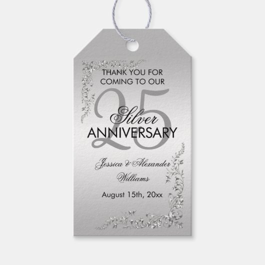 Stylish Silver Decoration 25th Wedding Jubileum Cadeaulabel (Voorkant)