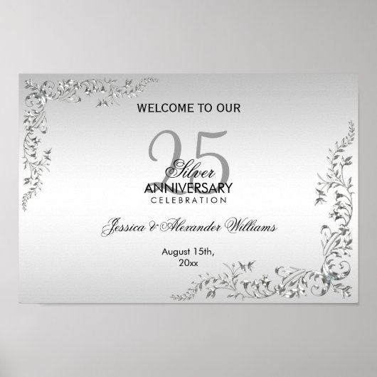Stylish Silver Decoration 25th Wedding Jubileum Poster (Voorkant)