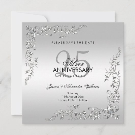 Stylish Silver Decoration 25th Wedding Jubileum Save The Date (Voorkant)