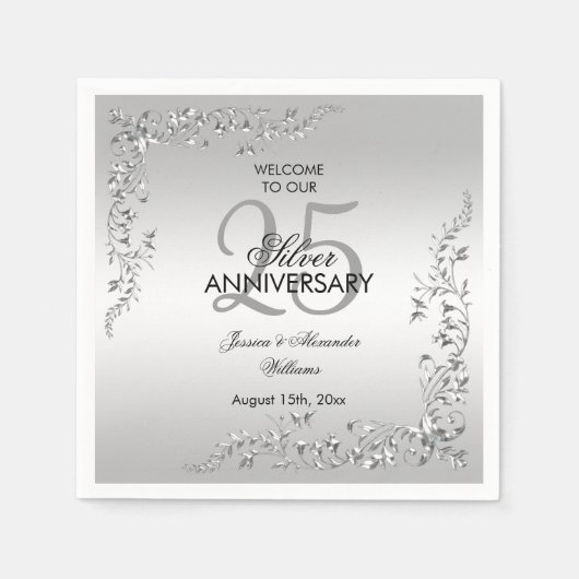 Stylish Silver Decoration 25th Wedding Jubileum Servet (Voorkant)