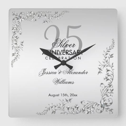 Stylish Silver Decoration 25th Wedding Jubileum Vierkante Klok (Voorkant)