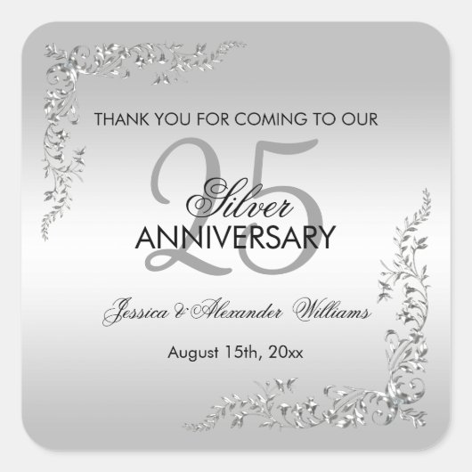 Stylish Silver Decoration 25th Wedding Jubileum Vierkante Sticker (Voorkant)