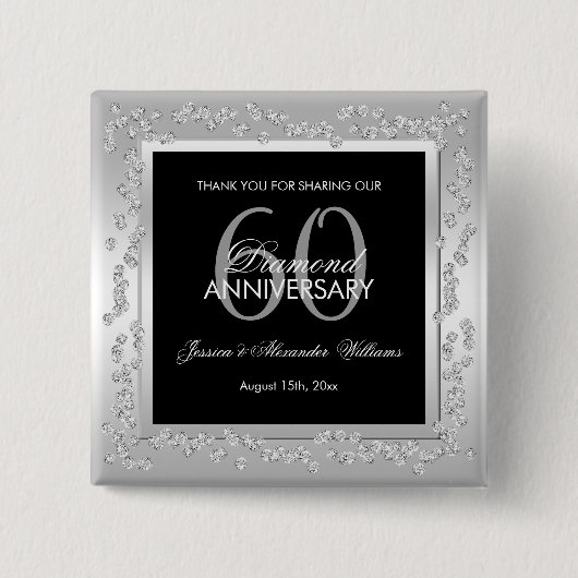 Stylish Silver Diamonds 60th Wedding Jubileum Vierkante Button 5,1 Cm (Voorkant)