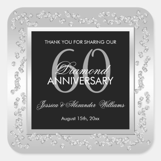 Stylish Silver Diamonds 60th Wedding Jubileum Vierkante Sticker (Voorkant)