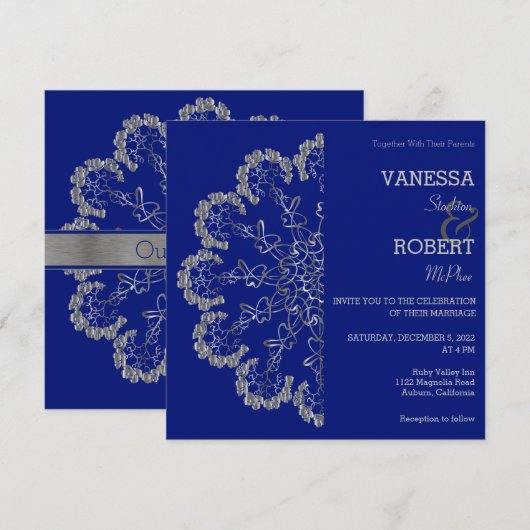 Stylish Silver Floral Mandala Wedding Invitation Kaart (Voorkant / Achterkant)