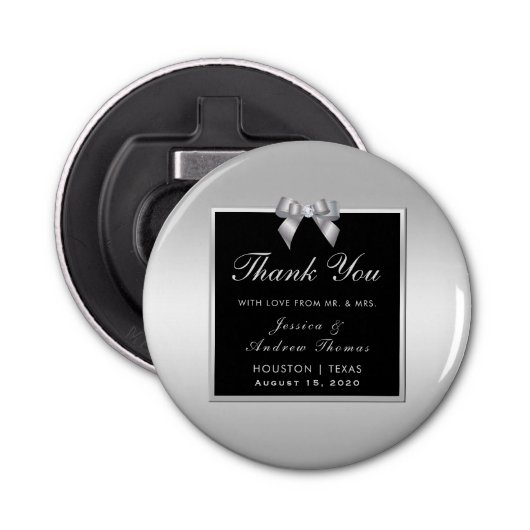 Stylish Silver Gem Bow & Black Wedding Button Flesopener (Voorkant)