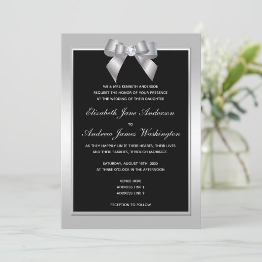 Stylish Silver Gem Bow & Black Wedding Kaart (Staand voorkant)