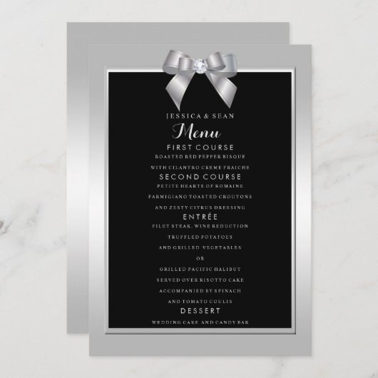 Stylish Silver Gem Bow & Black Wedding Menu (Voorkant / Achterkant)