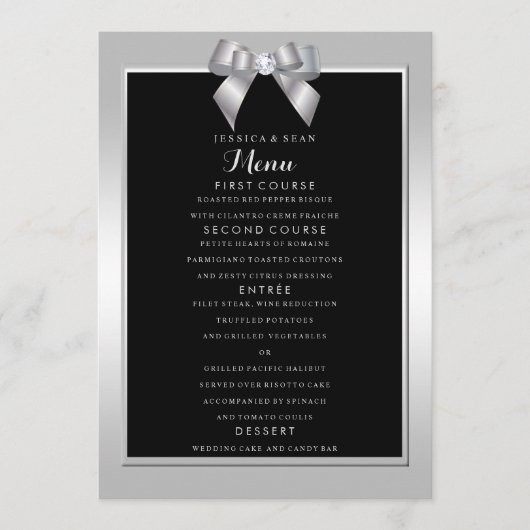 Stylish Silver Gem Bow & Black Wedding Menu (Voorkant)