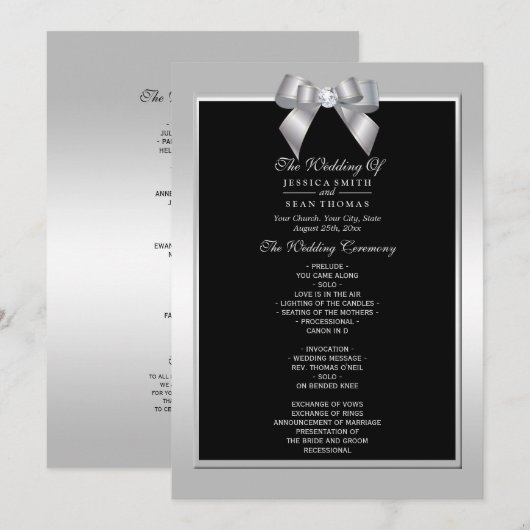 Stylish Silver Gem Bow & Black Wedding Program Kaart (Voorkant / Achterkant)
