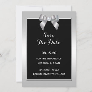 Stylish Silver Gem Bow & Black Wedding Save The Date